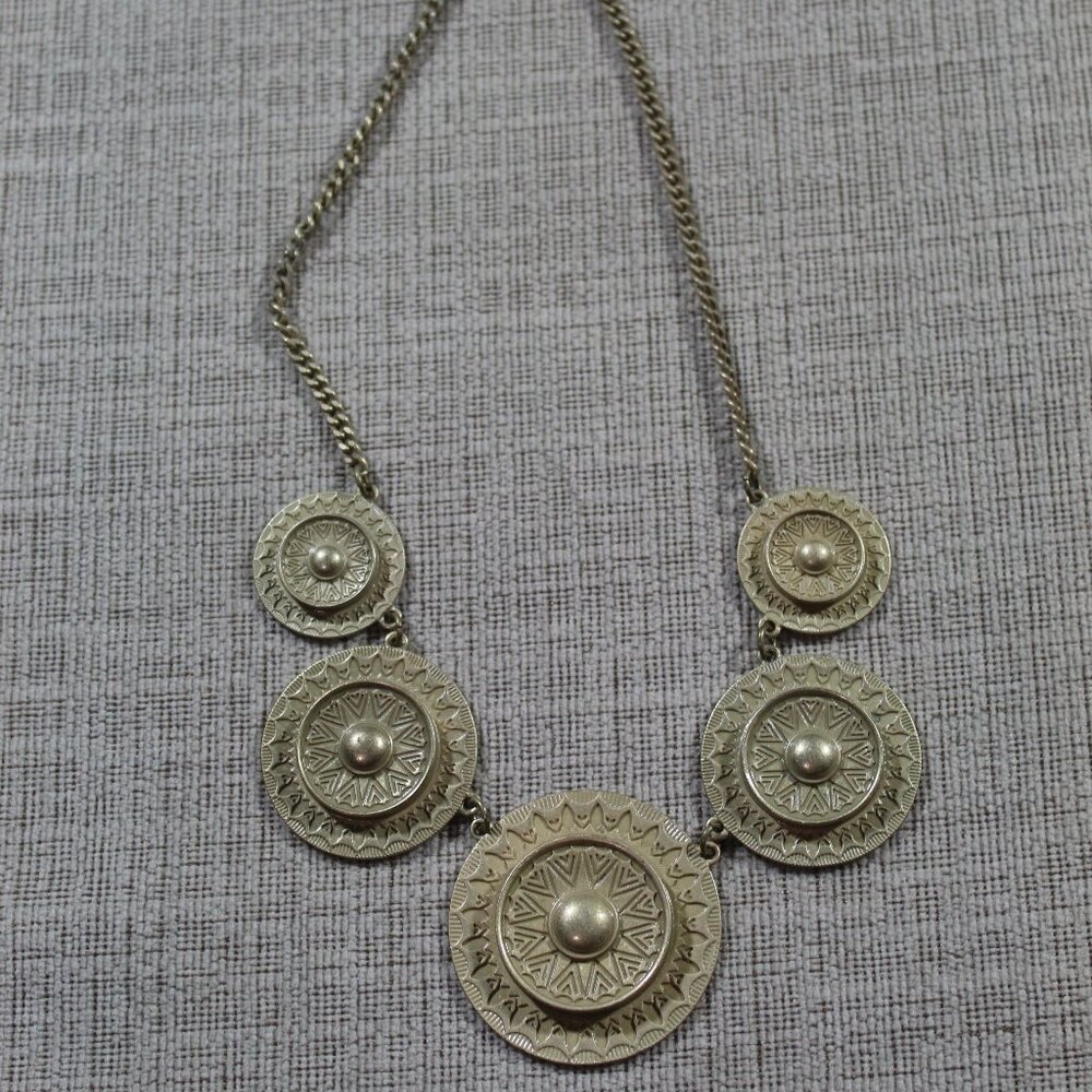 Light Gold-toned Tribal Patterned Circle Disk 21" Necklace